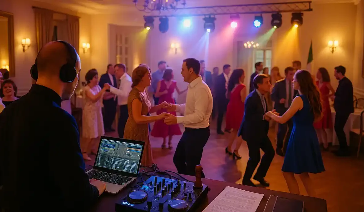 DJ român la botez în Torino cu lumini ambientale și invitați care dansează, petrecere intimă de familie