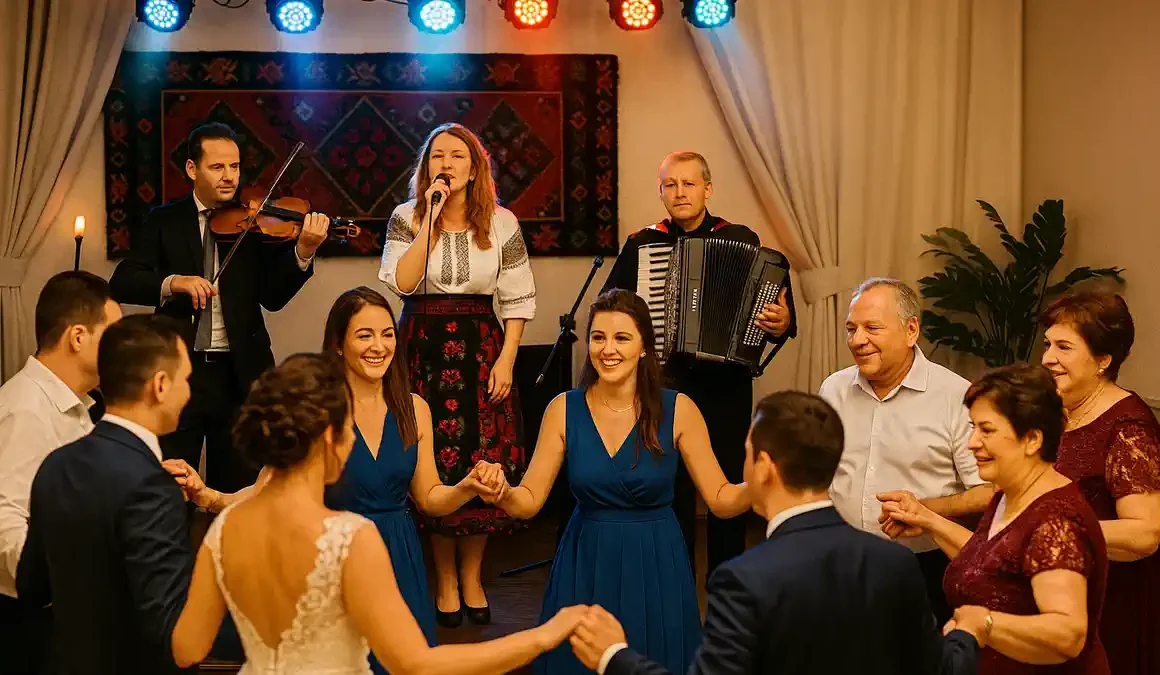Formație muzicală românească live la nuntă în Torino, cu vioară, acordeon și solistă pe scenă, invitați dansând