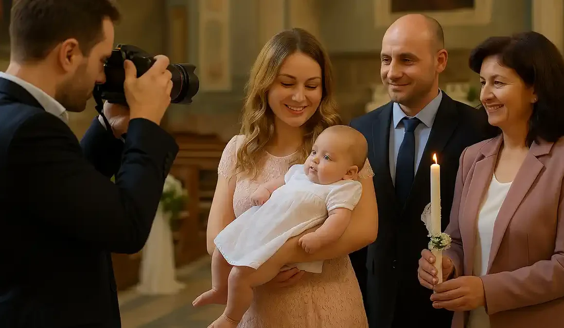Fotograf român la botez în Alessandria – poze cu bebelușul, părinții și nașii în biserică