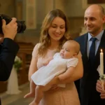 Fotograf român la botez în Alessandria – poze cu bebelușul, părinții și nașii în biserică