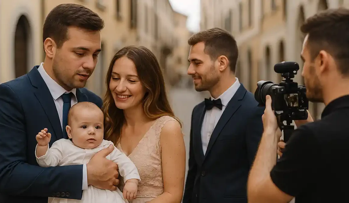 Fotograf român la botez și nuntă în Novara – cuplu și bebeluș în ședință foto profesională
