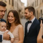 Fotograf român la botez și nuntă în Novara – cuplu și bebeluș în ședință foto profesională