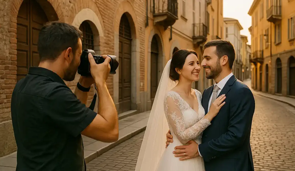 Fotograf român în Biella cuplu fotografiat în centrul orașului în ziua nunții