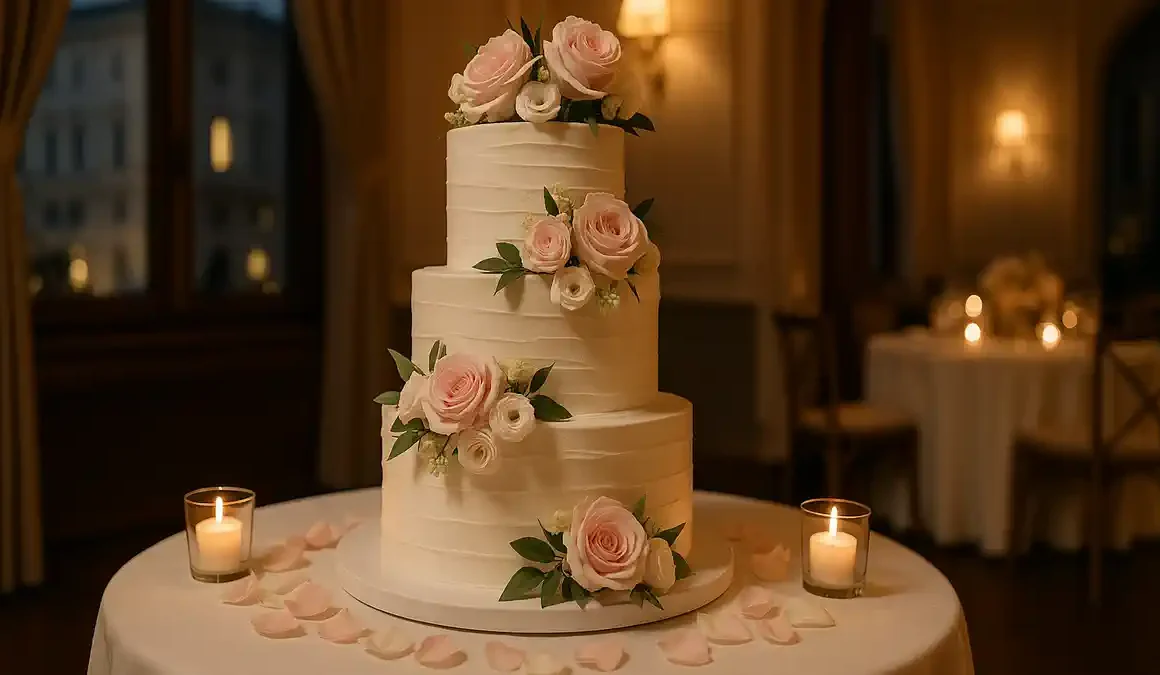 Tort de nuntă elegant cu flori naturale și 3 niveluri, fotografiat într-un salon din Torino