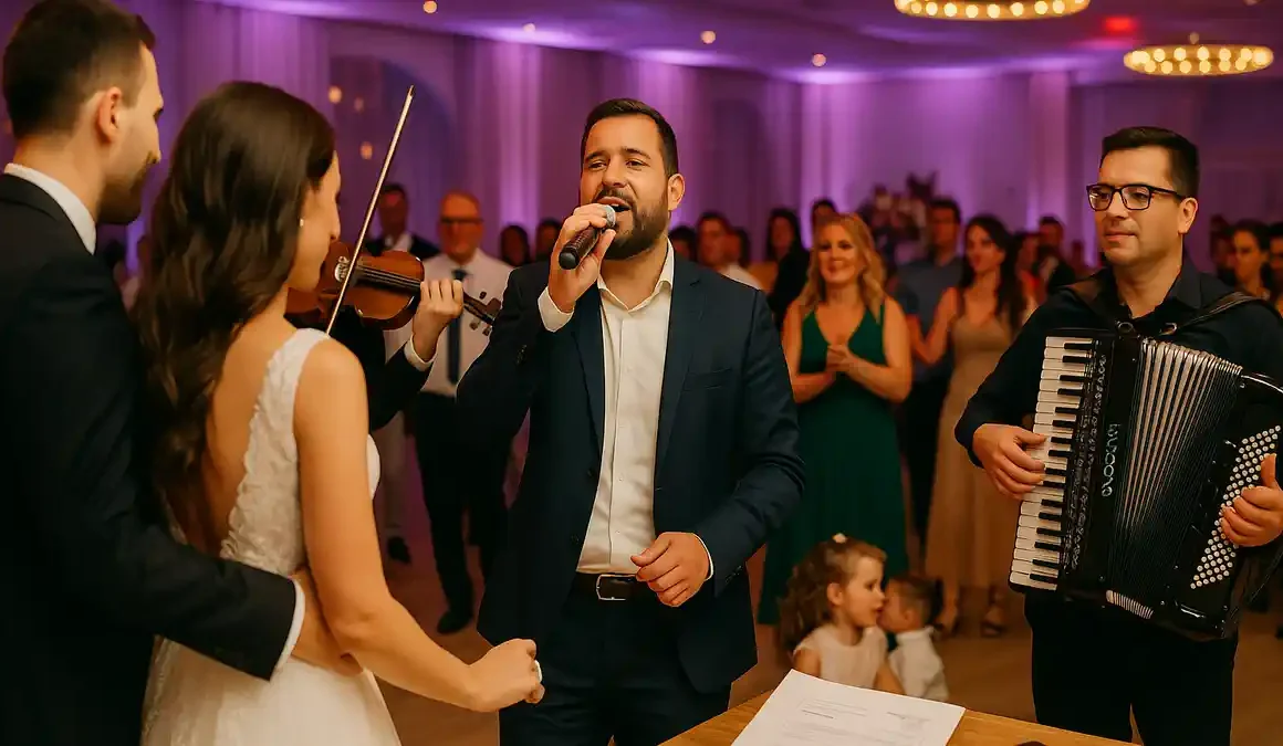 Formație românească live cântând la o nuntă în diaspora mireasă dansează cu invitații, atmosferă festivă