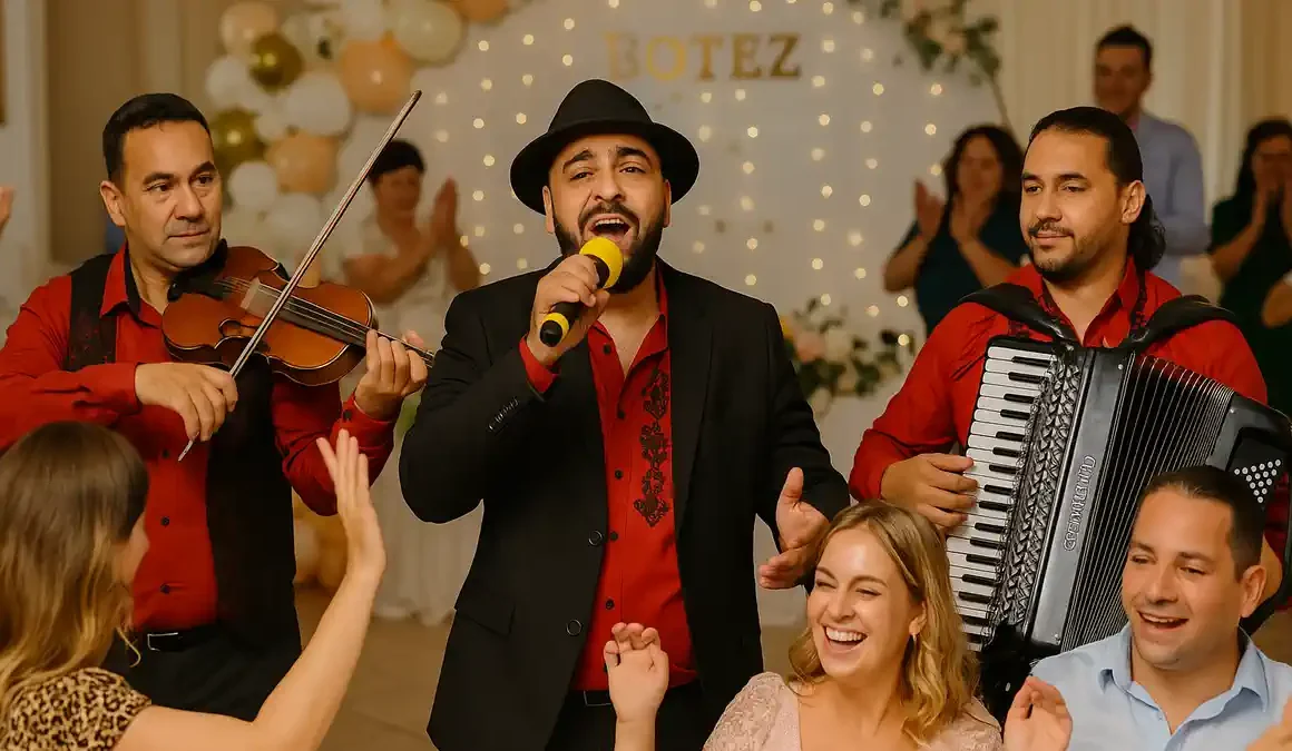 Formație romă live la un botez în Torino – vioară, acordeon și invitați dansând cu zâmbet