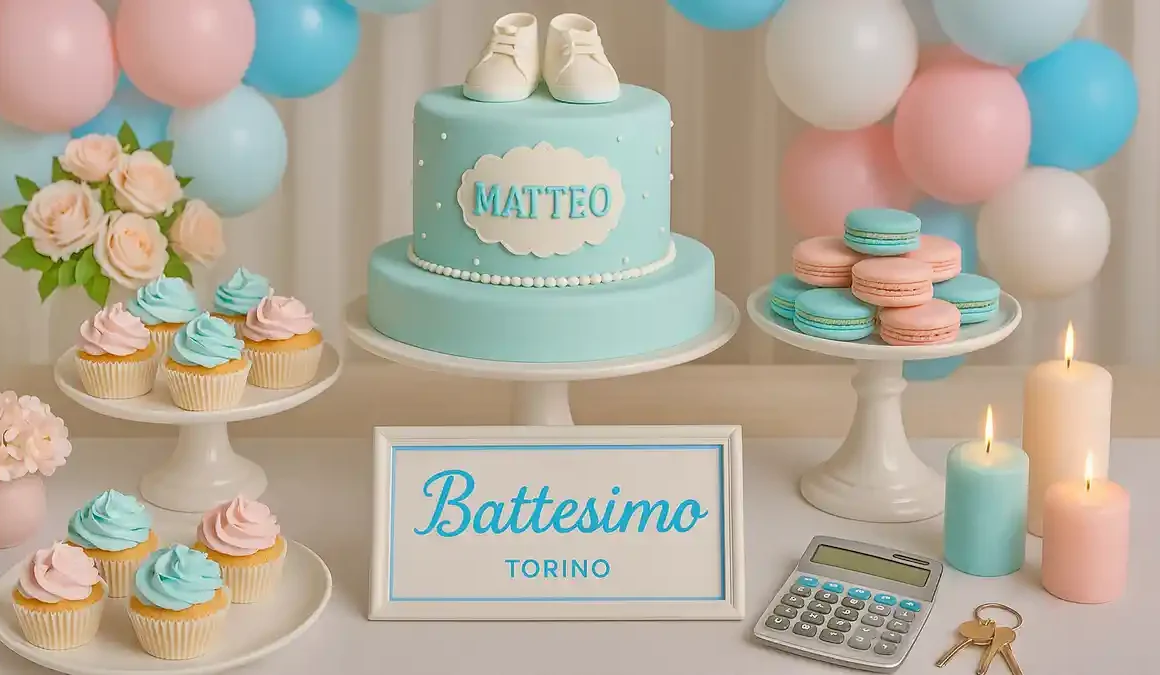 Tort pastel decorat cu numele copilului și candy bar cu cupcakes și macarons la un botez organizat în Torino