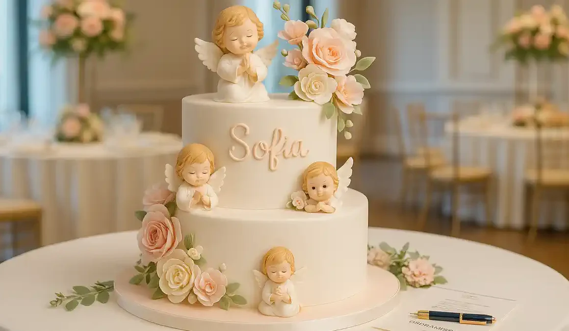 Tortă de botez decorată cu îngeraș și flori pastelate pe masă festivă în Torino