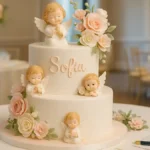 Tortă de botez decorată cu îngeraș și flori pastelate pe masă festivă în Torino
