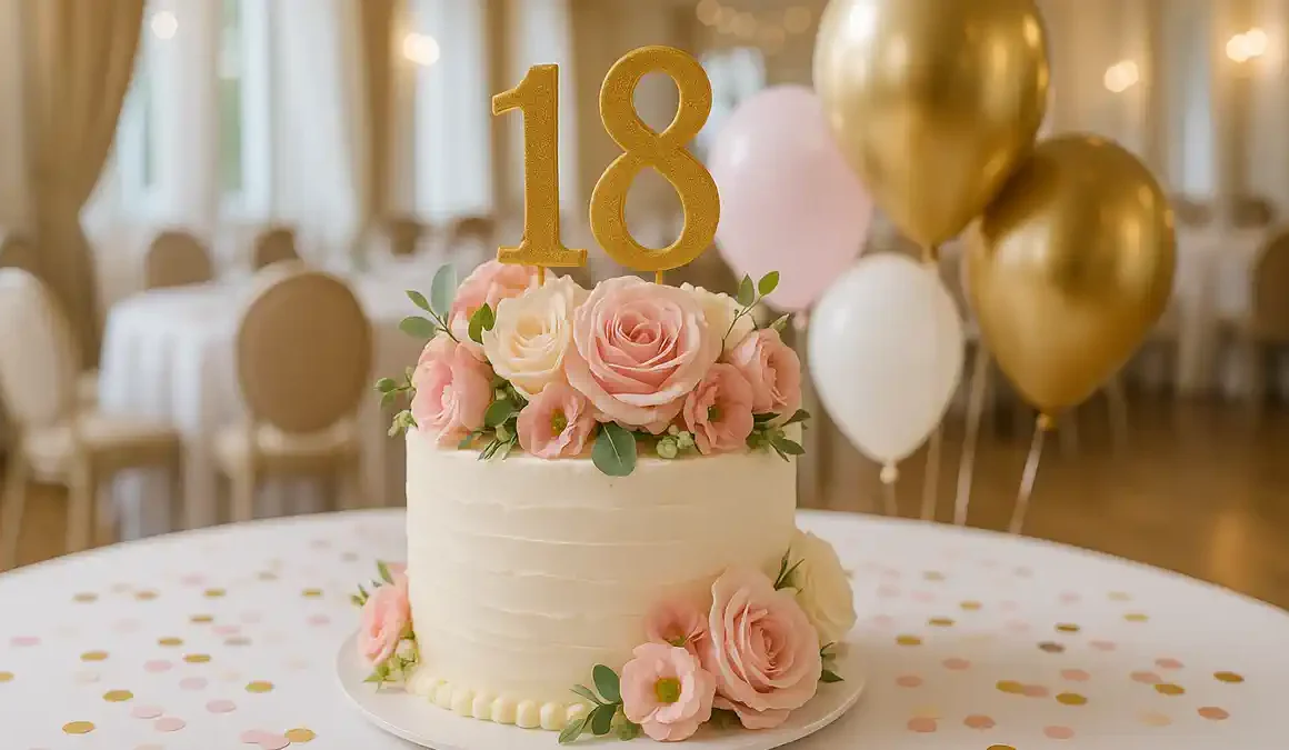 Tort aniversar pentru 18 ani în Torino, decorat cu flori roz și topper cu cifra 18, pe fundal de petrecere