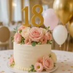 Tort aniversar pentru 18 ani în Torino, decorat cu flori roz și topper cu cifra 18, pe fundal de petrecere