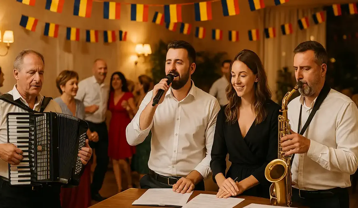 Formație românească live cântând la o nuntă în Torino, invitați dansează, atmosferă tradițională