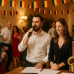 Formație românească live cântând la o nuntă în Torino, invitați dansează, atmosferă tradițională