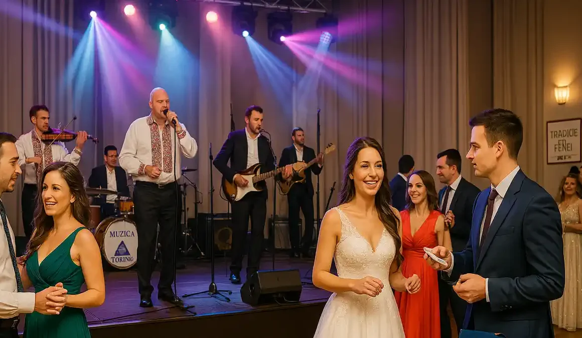 Formație românească cântând live la un eveniment în Torino atmosferă de nuntă și public entuziast
