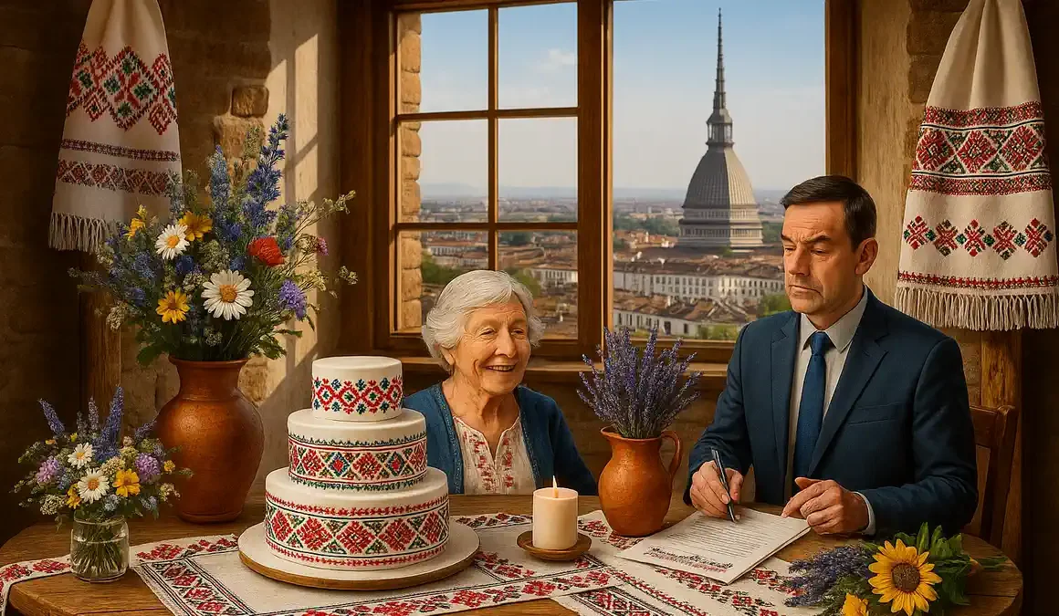 Tort de nuntă cu decor floral și broderii românești alături de un aranjament rustic cu lavandă și lemn în Torino