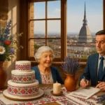 Tort de nuntă cu decor floral și broderii românești alături de un aranjament rustic cu lavandă și lemn în Torino