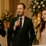 Echipă mixtă formată din fotograf, MC și cântăreț român la un eveniment în Torino, lucrând împreună pe scenă și în sală
